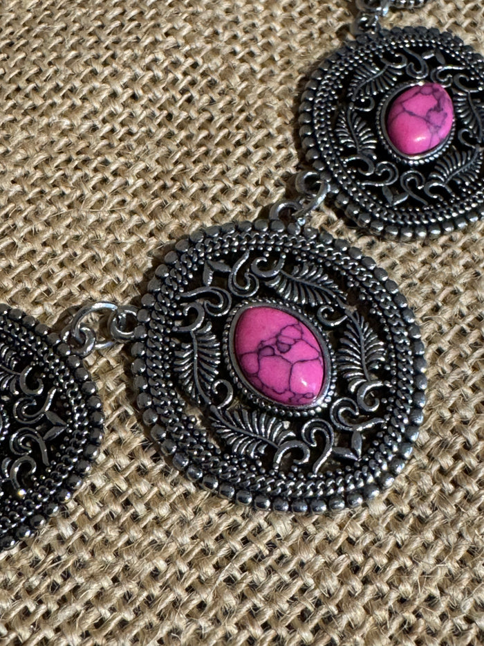 Boho Silver Necklace & Dangle Earring Set with Pink Stone Accents