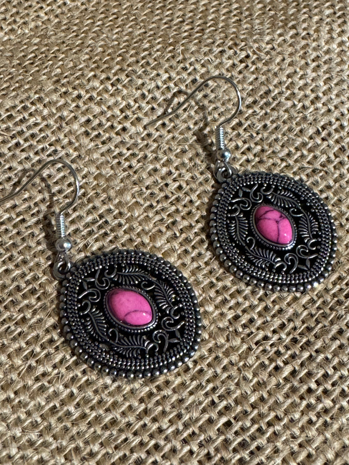 Boho Silver Necklace & Dangle Earring Set with Pink Stone Accents