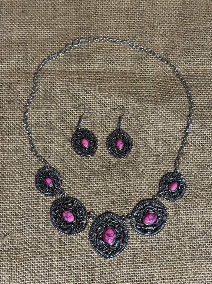 Boho Silver Necklace & Dangle Earring Set with Pink Stone Accents