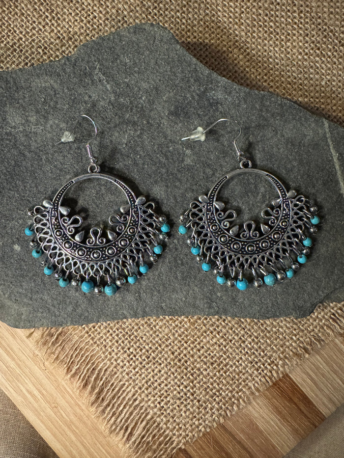 Boho Silver Toned Filigree Turquoise Dangle Earrings