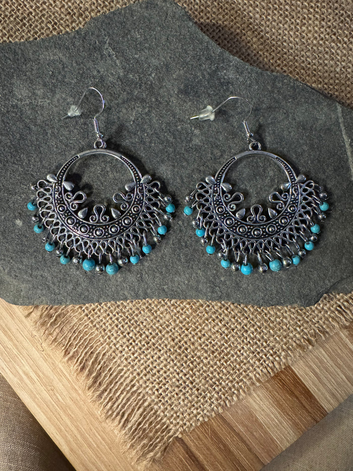 Boho Silver Toned Filigree Turquoise Dangle Earrings