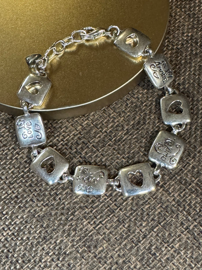 Brighton Square Link Love Bracelet | Silver-Tone Heart & Engraved Design