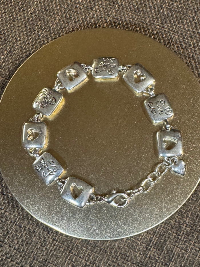 Brighton Square Link Love Bracelet | Silver-Tone Heart & Engraved Design
