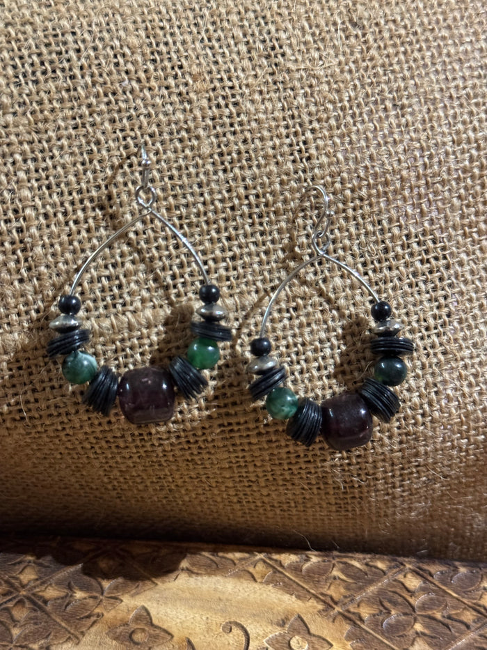 Burgundy and Green Beaded Dangle Hoop Earrings -1.25" diameter