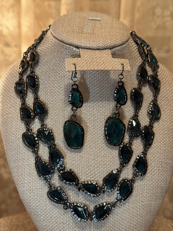 Chico’s Athena Jewelry Set – Teal Crystal Necklace & Matching Earrings in Gunmetal Finish