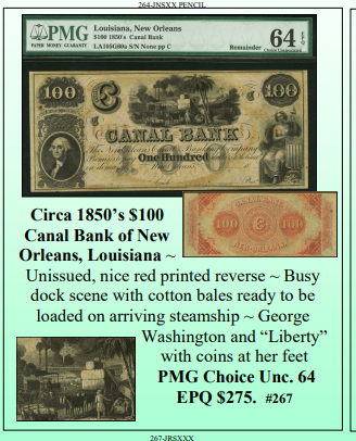 Circa 1850’s $100  Canal Bank of New  Orleans, Louisiana ~ PMG UNC64EPQ ~ #267