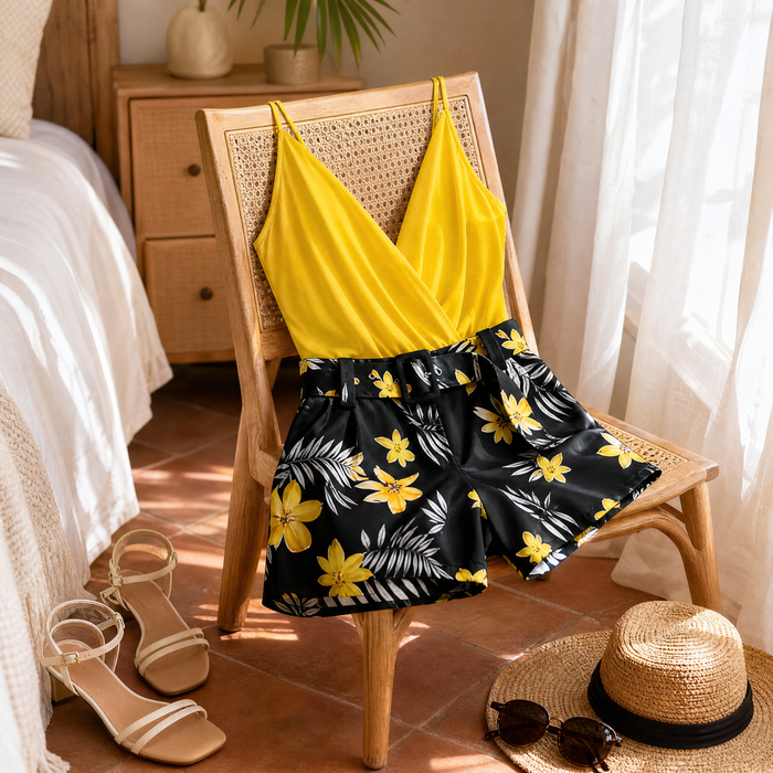 Clarendale Wrap V-Neck Summer Set with Floral Shorts