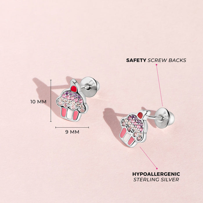 Colorful Cubic Zirconia Cupcake Baby / Toddler / Kids Earrings Screw Back Enamel - Sterling Silver
