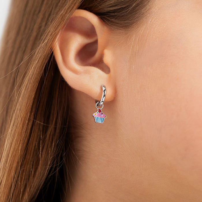 Cupcake Dangle 9mm Kids / Children's / Girls Earrings Hoop/Huggie Enamel - Sterling Silver