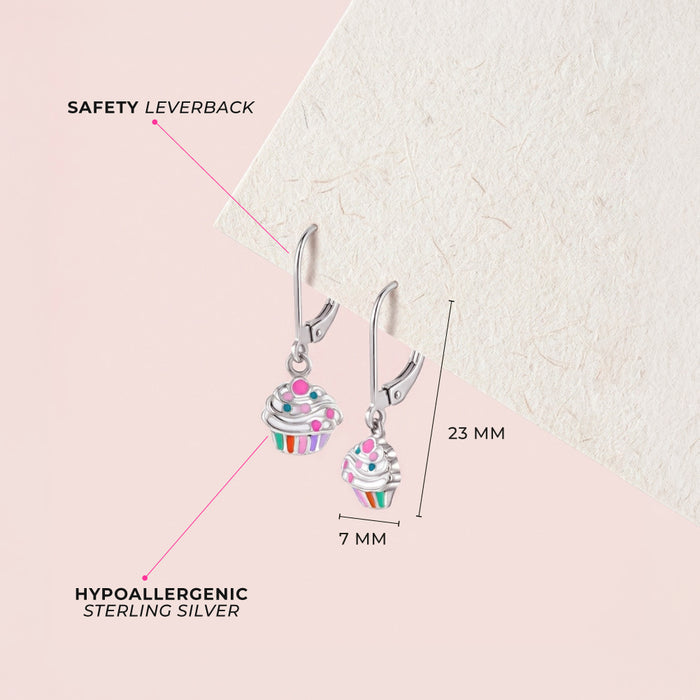 Cupcake & Toppings Dangle Kids / Children's / Girls Earrings Lever Back Enamel - Sterling Silver