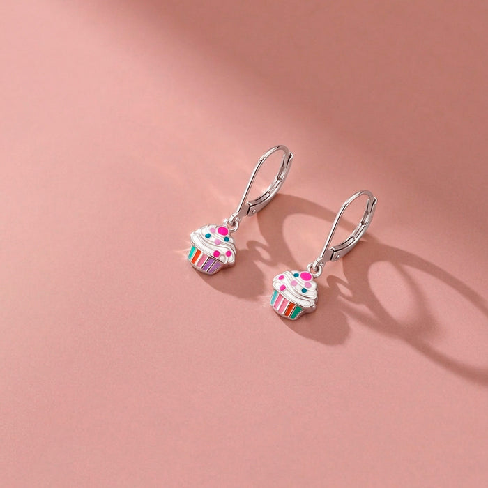 Cupcake & Toppings Dangle Kids / Children's / Girls Earrings Lever Back Enamel - Sterling Silver