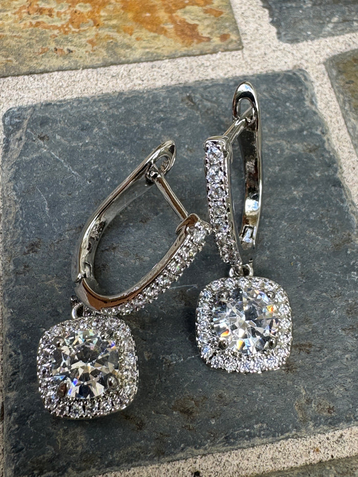 Cushion Halo Drop Earrings in Silver-Tone