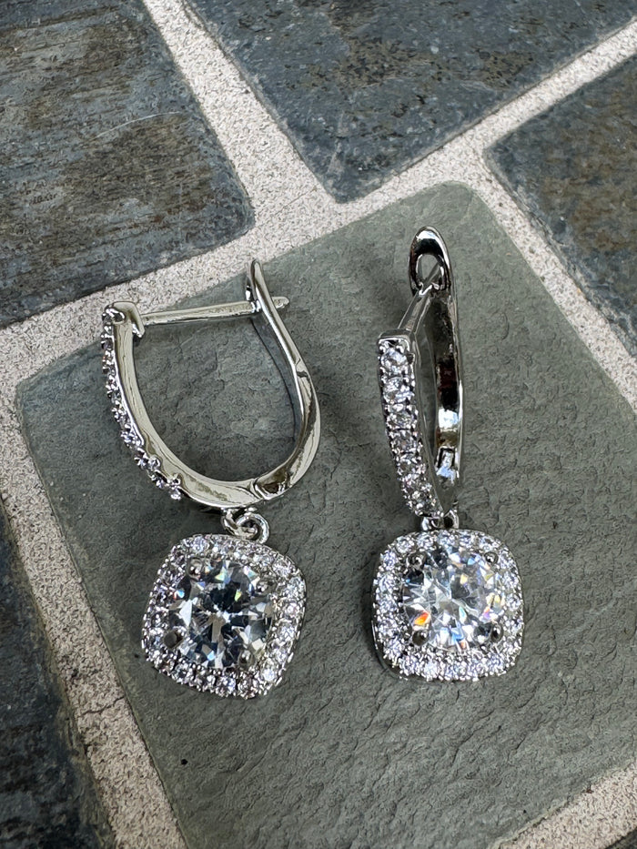 Cushion Halo Drop Earrings in Silver-Tone