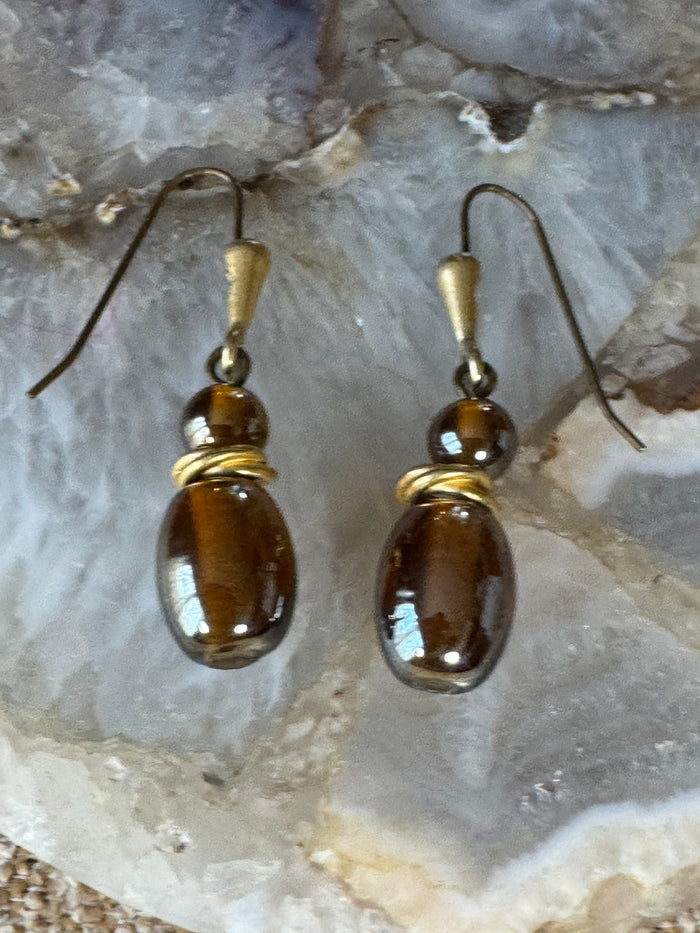 Earthy Brown Bead Dangle Earrings — Natural Stone Elegance