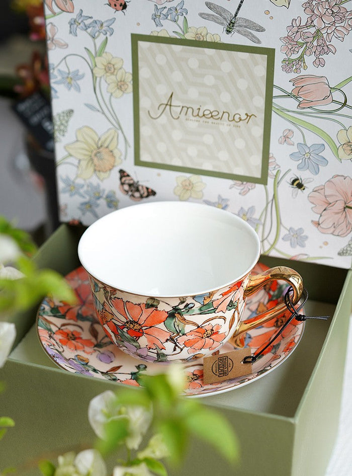 Elegant Ceramic Coffee Cups, Flower Porcelain Tea Cup Saucer Set, British Royal Ceramic Cups for Traditional Afternoon Tea, Unique Tea Cup and Saucer in Gift Box-Paintingforhome