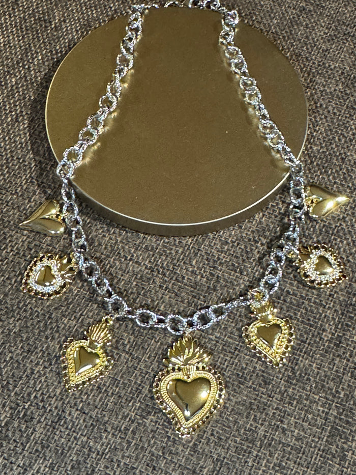 Elizabeth Mixed-Metal Heart Charm Necklace | Statement Chain