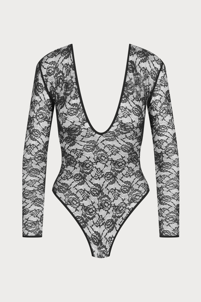 Maison Close Flashback V Neck Long Sleeve Lace Thong Bodysuit Black