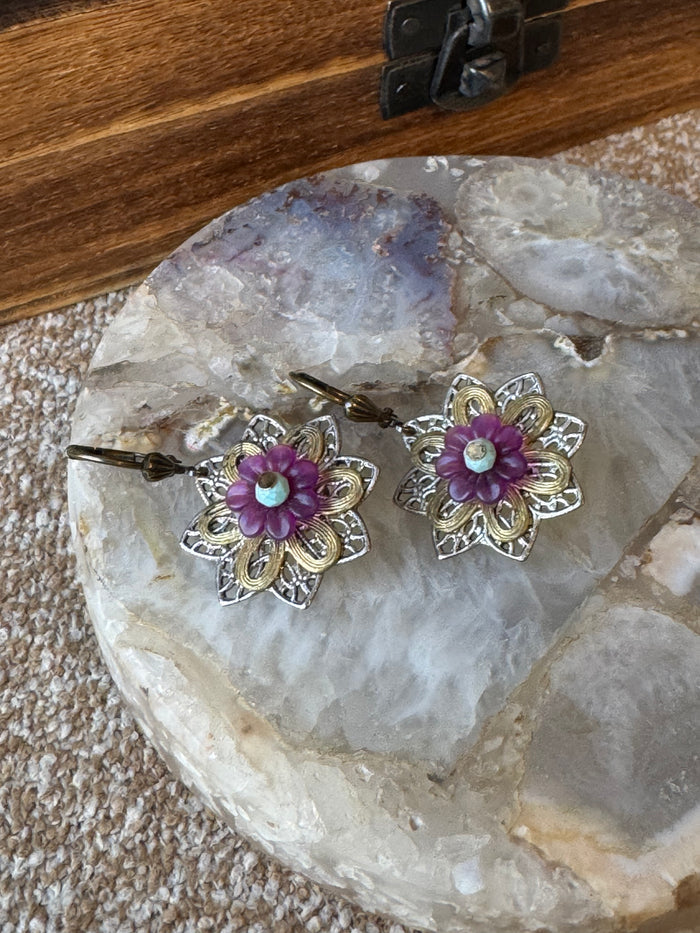 Floral Filigree Purple Accent Earrings