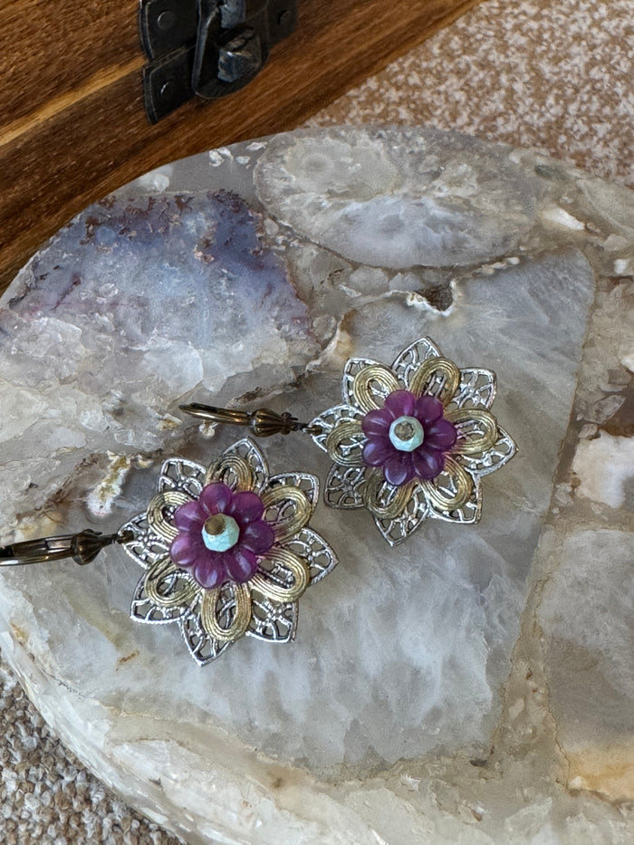 Floral Filigree Purple Accent Earrings