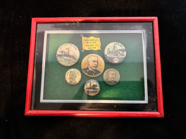 Framed USS Maine & Admiral Dewey Spanish-American War Commemorative Button Display - Annapolis Maritime Antiques