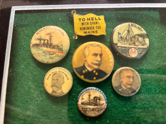Framed USS Maine & Admiral Dewey Spanish-American War Commemorative Button Display - Annapolis Maritime Antiques