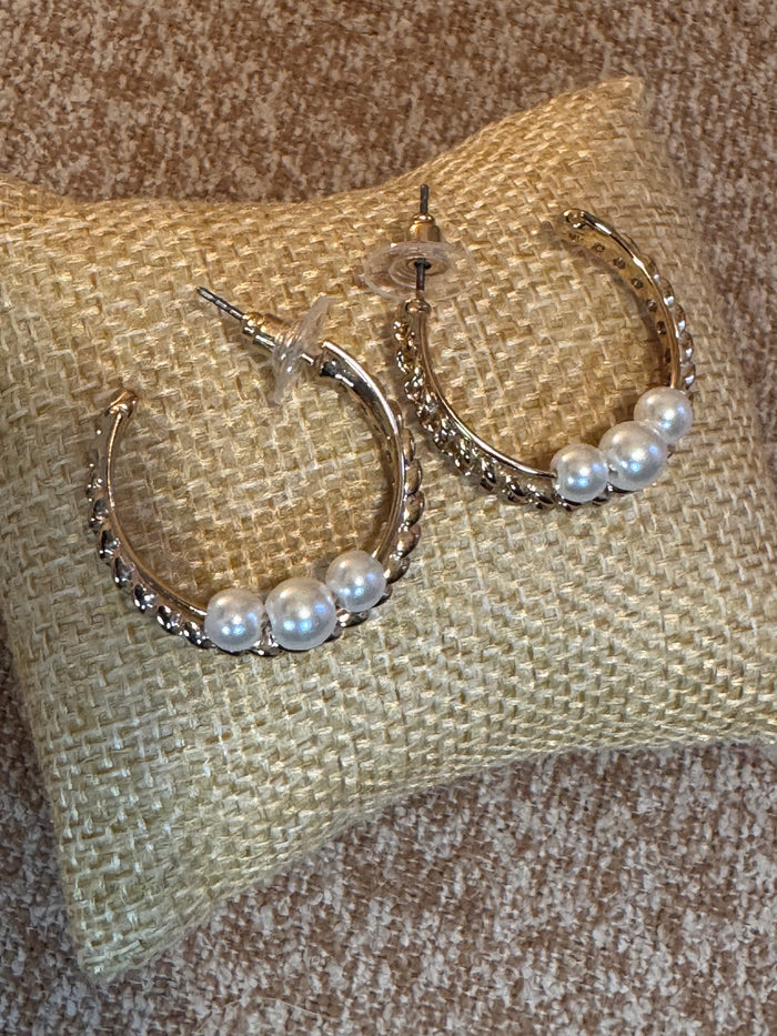 Gold Tone Hoop with Pearls Earrings