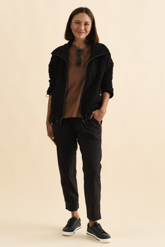 Grace Black Bamboo Silk Quilted Jacket,Brunette model,alt text|model:Cara