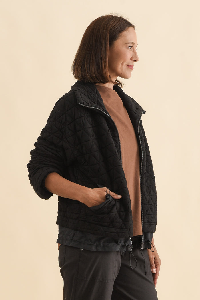 Grace Black Bamboo Silk Quilted Jacket,Brunette model,alt text|model:Cara