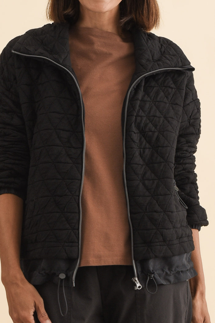 Grace Black Bamboo Silk Quilted Jacket,Brunette model,alt text|model:Cara