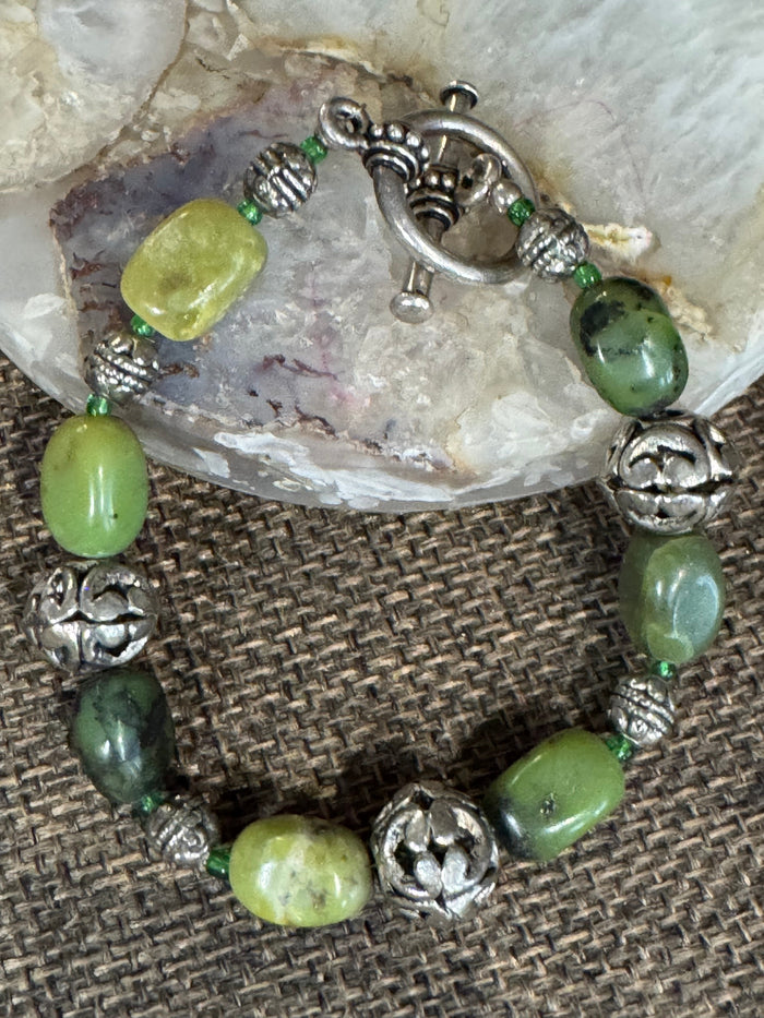 Green Gemstone and Silver-Tone Bead Bracelet | Connemara Marble or Jade