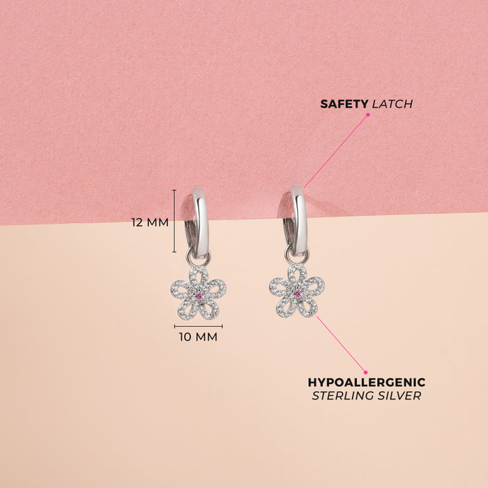 Groovy CZ Flower Dangle 9mm Kids / Children's / Girls Earrings Hoop/Huggie Safety Latch - Sterling Silver