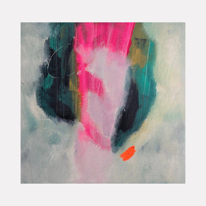 The artwork 'Guarded' features bold pink strokes against teal and grey abstract forms, mixed media on canvas by Tammy Kushnir