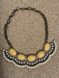 Gunmetal Statement Necklace with Yellow-Tan Cabochons and Faux Pearls