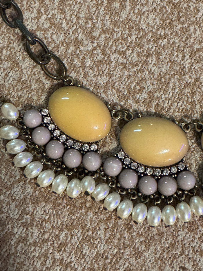 Gunmetal Statement Necklace with Yellow-Tan Cabochons and Faux Pearls