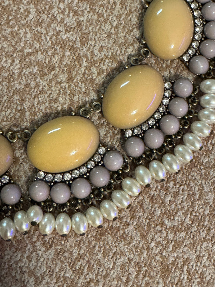 Gunmetal Statement Necklace with Yellow-Tan Cabochons and Faux Pearls