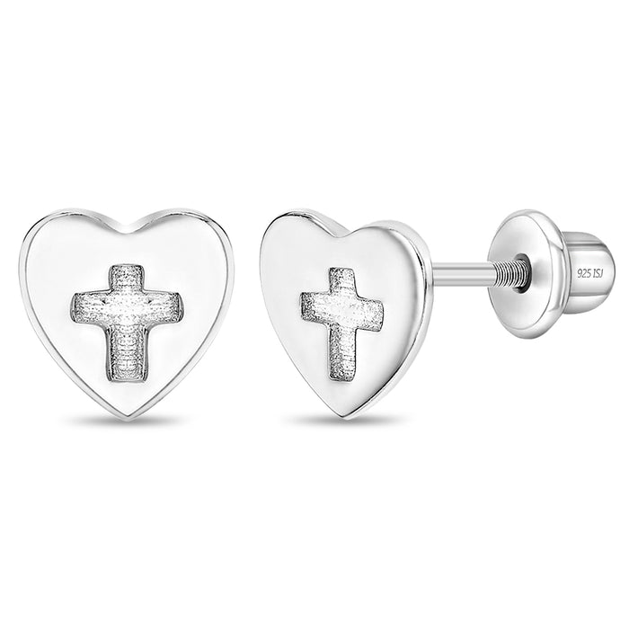 Heart & Cross Cutout Baby / Toddler / Kids Earrings Screw Back - Sterling Silver