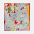 Artwork 'I Like Crazy' abstract oil painting featuring soft blue, red and yellow brushstrokes on textured linen canvas by Petra Nimtz