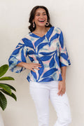 Janelle Blue Leaf V Neck Top,Lifestyle