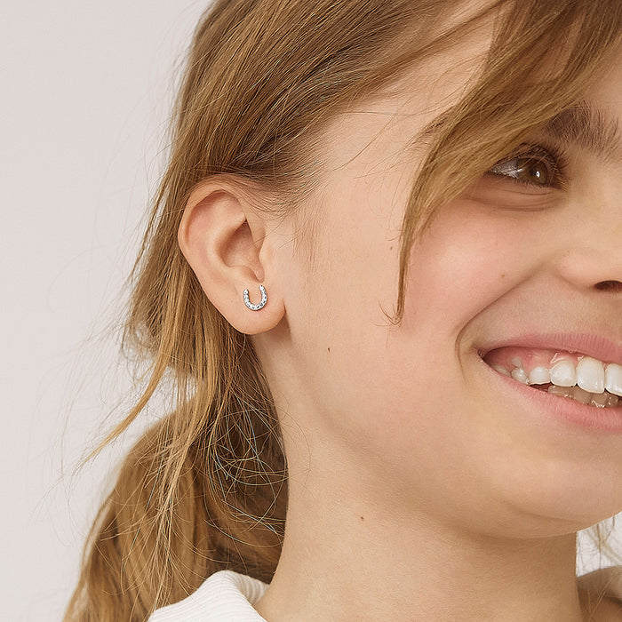 Jeweled Horseshoe Baby / Toddler / Kids Earrings Screw Back - Sterling Silver