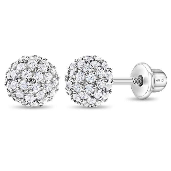 Large Ball of Gems CZ Kids / Children's / Girls Earrings Screw Back - Sterling Silver