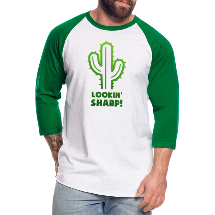 Lookin' Sharp! Cactus Pun Baseball T-Shirt - white/kelly green