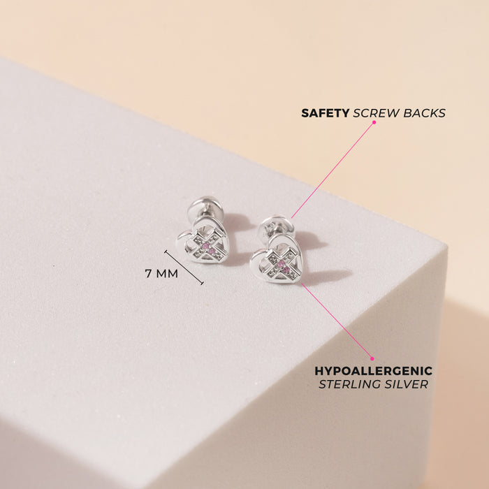 Love of God Heart Cross Kids / Children's / Girls Earrings Screw Back - Sterling Silver