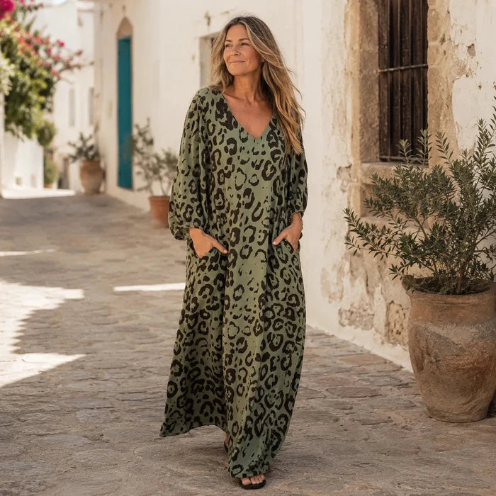 Lunavia – Leopard Print V-Neck Maxi Dress with Pockets, Loose Kaftan Fit, 4 Colors