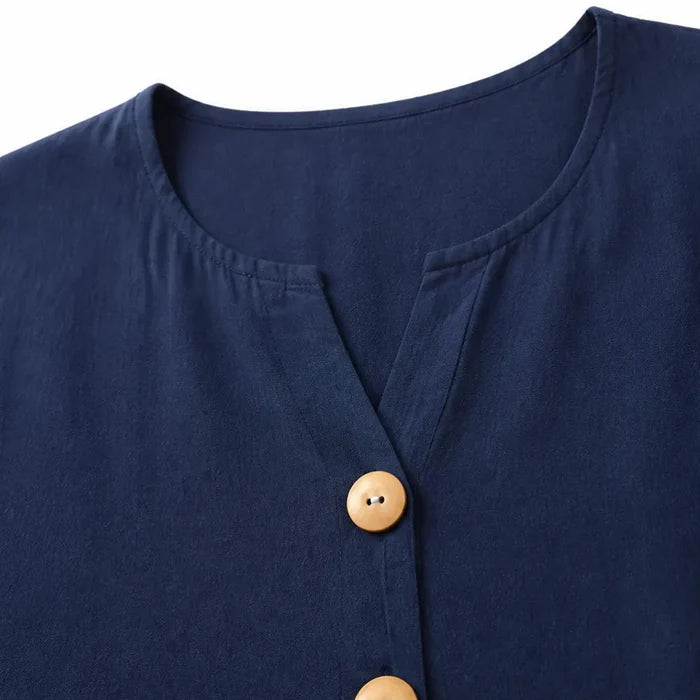 Lyneva – Linen-Look V-Neck Button Top for Women, Relaxed Casual Short-Sleeve Blouse