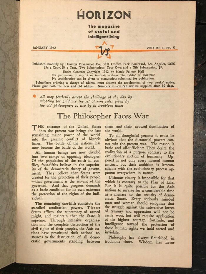 MANLY P. HALL - HORIZON JOURNAL - Full YEAR, 12 ISSUES, 1942 - PHILOSOPHY OCCULT