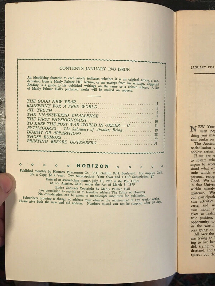 MANLY P. HALL - HORIZON JOURNAL - Full YEAR, 12 ISSUES, 1943 - PHILOSOPHY OCCULT