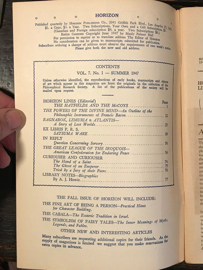 MANLY P. HALL - HORIZON JOURNAL - Full YEAR, 4 ISSUES, 1947 - PHILOSOPHY OCCULT