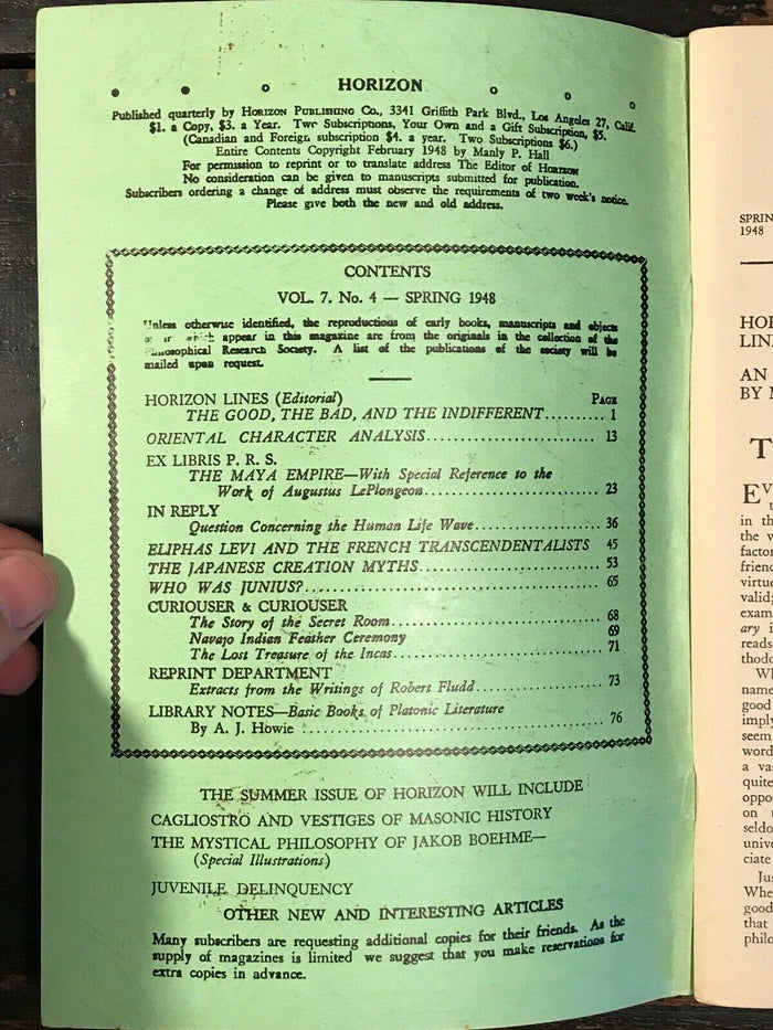 MANLY P. HALL - HORIZON JOURNAL - Full YEAR, 4 ISSUES, 1948 - PHILOSOPHY OCCULT