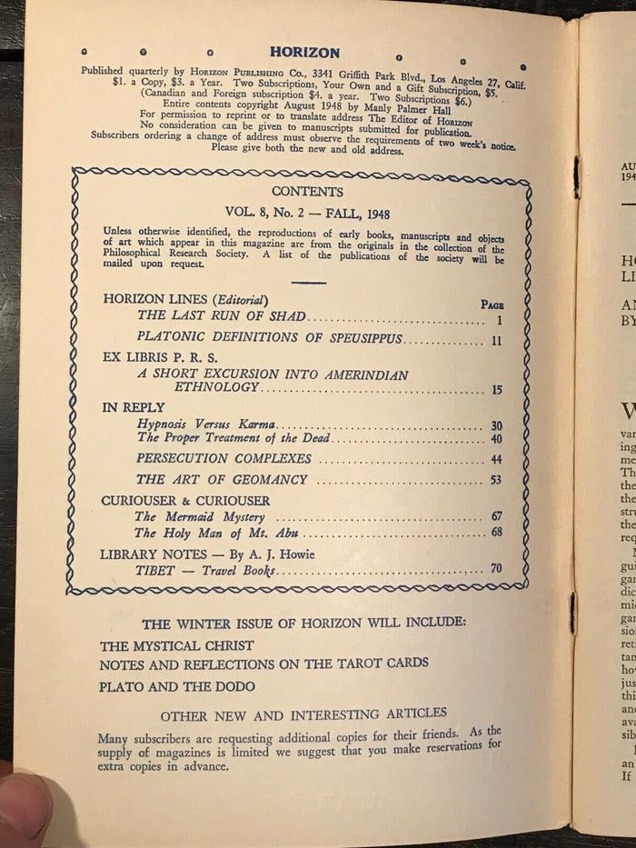 MANLY P. HALL - HORIZON JOURNAL - Full YEAR, 4 ISSUES, 1948 - PHILOSOPHY OCCULT
