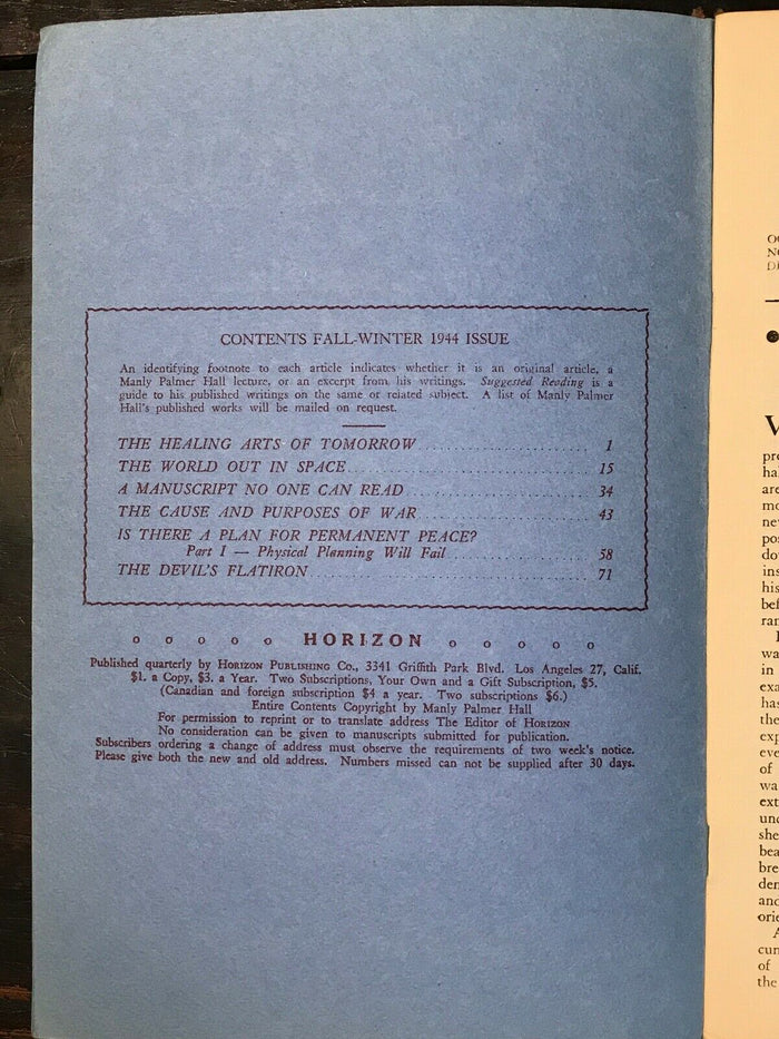 MANLY P. HALL - HORIZON JOURNAL - Full YEAR, 5 ISSUES, 1944 - PHILOSOPHY OCCULT